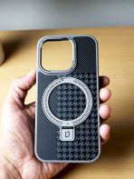 BUZZBEA Elite Houndstooth Executive Case for iPhone – MagSafe Compatible with Integrated Foldable Kickstand | Monochrome Fabric Texture | Titanium Silver Accents - Image 2