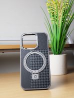 BUZZBEA Elite Houndstooth Executive Case for iPhone – MagSafe Compatible with Integrated Foldable Kickstand | Monochrome Fabric Texture | Titanium Silver Accents - Image 4