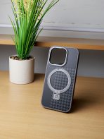 BUZZBEA Elite Houndstooth Executive Case for iPhone – MagSafe Compatible with Integrated Foldable Kickstand | Monochrome Fabric Texture | Titanium Silver Accents - Image 5